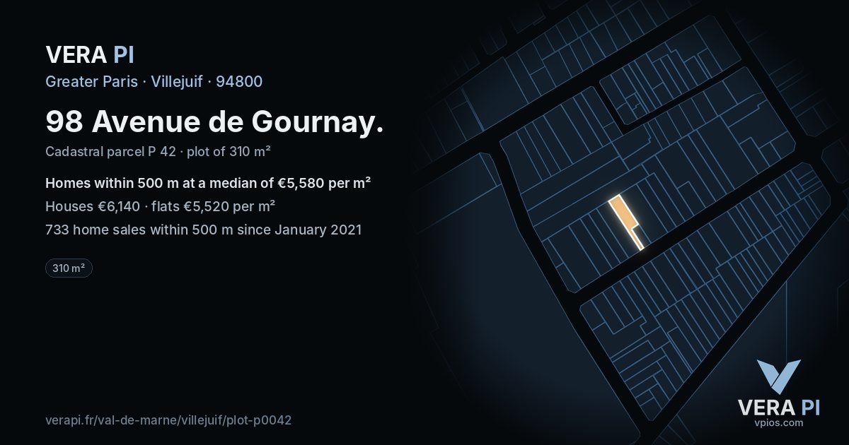 98 Avenue de Gournay, Villejuif at night – the plot lit, the parcels around coloured by the prices near them