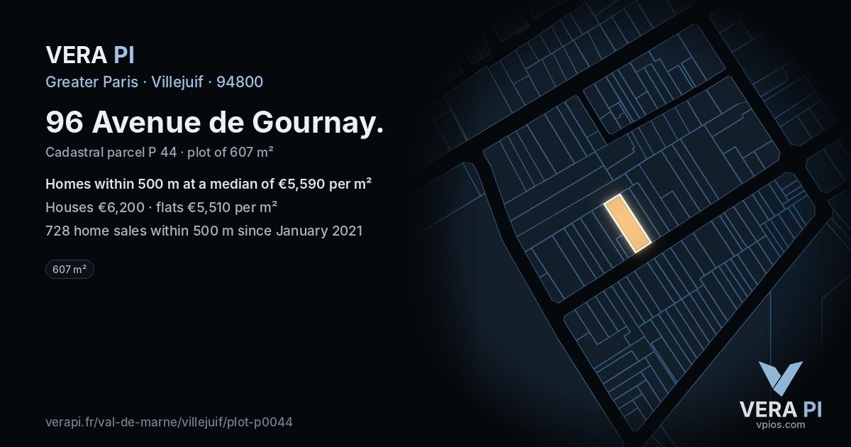 96 Avenue de Gournay, Villejuif at night – the plot lit, the parcels around coloured by the prices near them