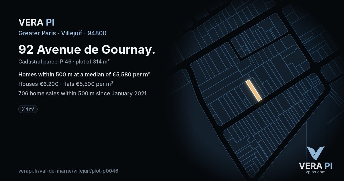 92 Avenue de Gournay, Villejuif at night – the plot lit, the parcels around coloured by the prices near them