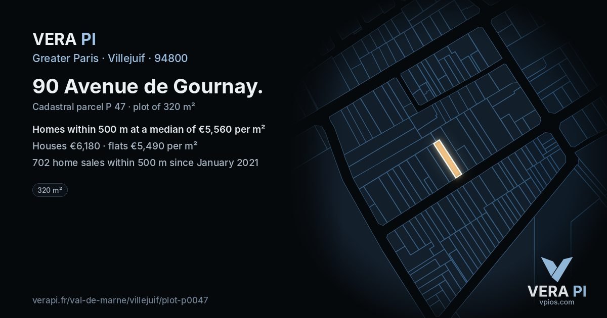 90 Avenue de Gournay, Villejuif at night – the plot lit, the parcels around coloured by the prices near them