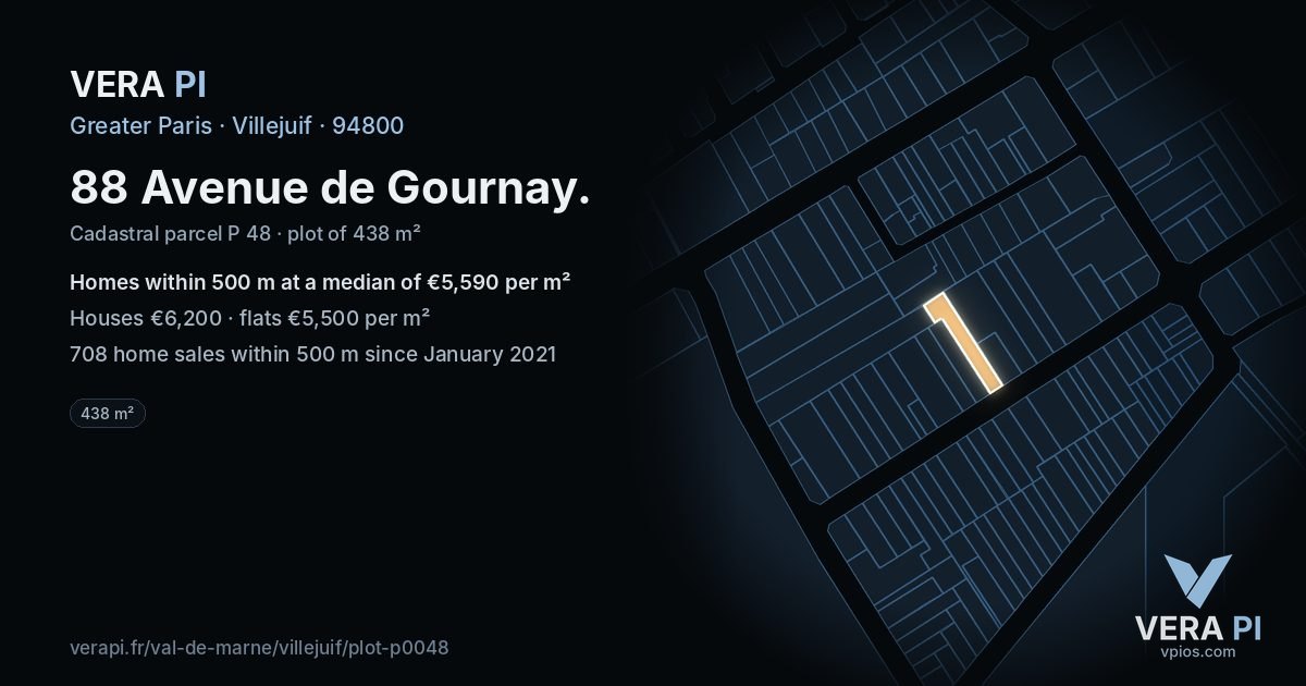 88 Avenue de Gournay, Villejuif at night – the plot lit, the parcels around coloured by the prices near them