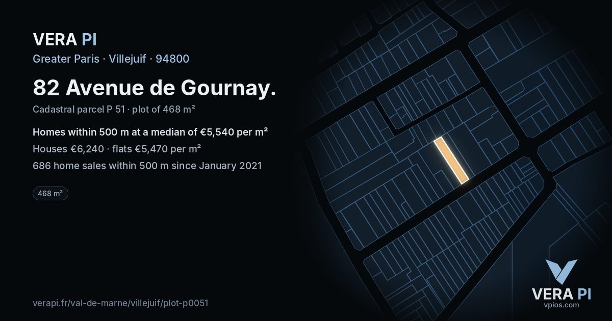 82 Avenue de Gournay, Villejuif at night – the plot lit, the parcels around coloured by the prices near them