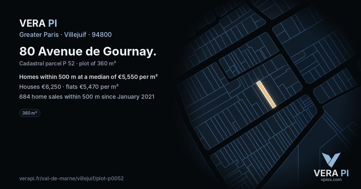 80 Avenue de Gournay, Villejuif at night – the plot lit, the parcels around coloured by the prices near them