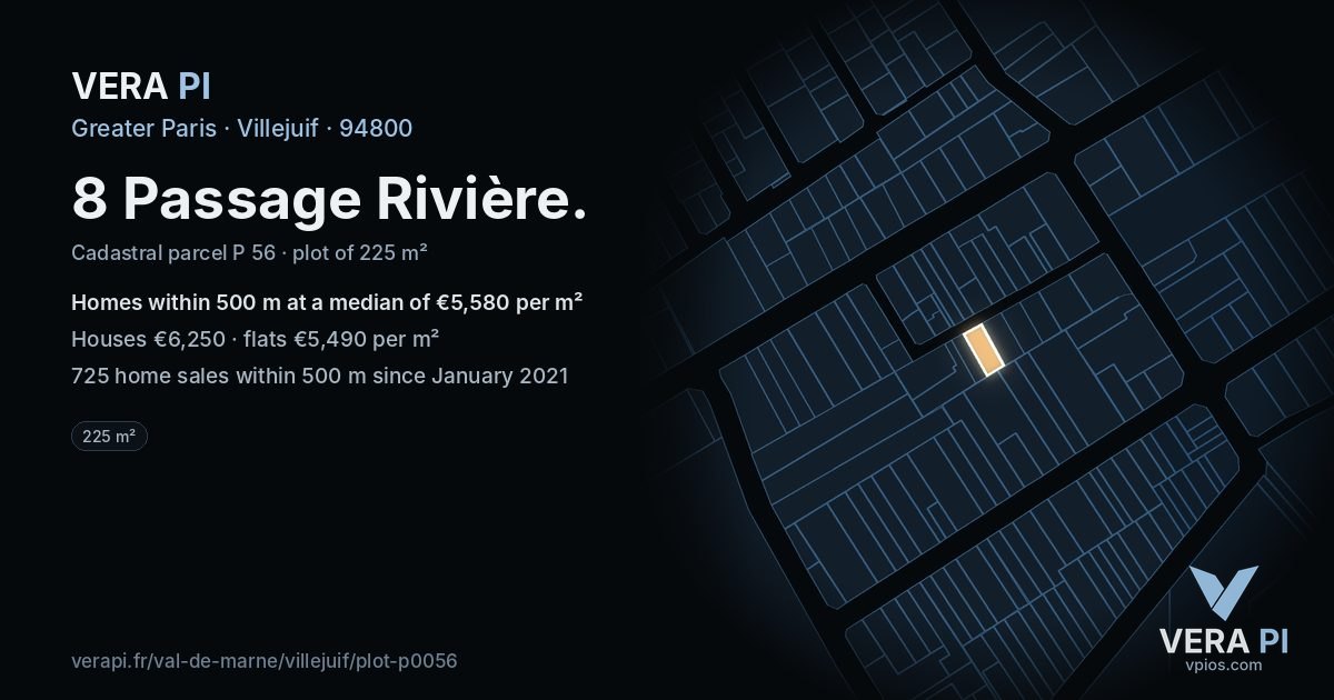 8 Passage Rivière, Villejuif at night – the plot lit, the parcels around coloured by the prices near them
