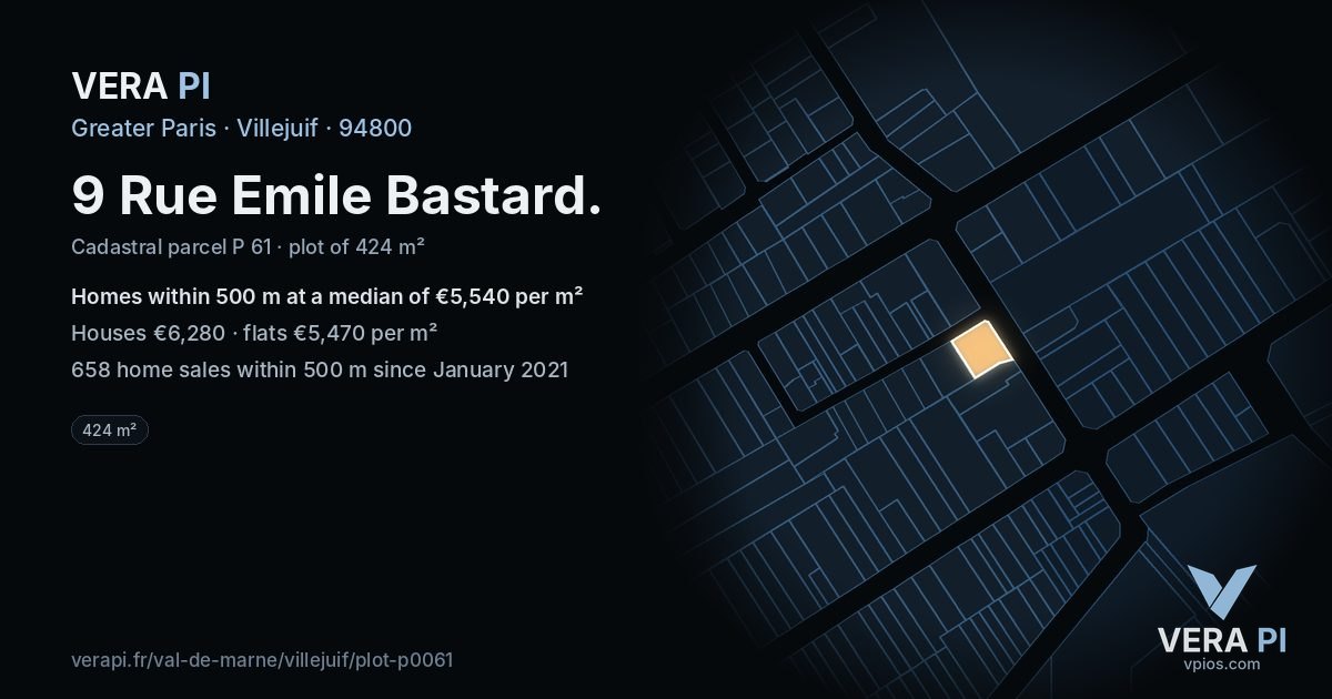 9 Rue Emile Bastard, Villejuif at night – the plot lit, the parcels around coloured by the prices near them