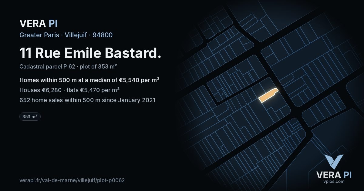 11 Rue Emile Bastard, Villejuif at night – the plot lit, the parcels around coloured by the prices near them