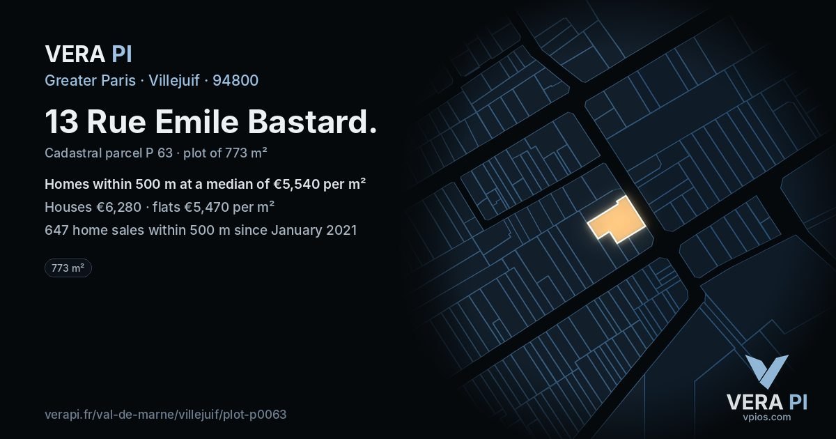 13 Rue Emile Bastard, Villejuif at night – the plot lit, the parcels around coloured by the prices near them
