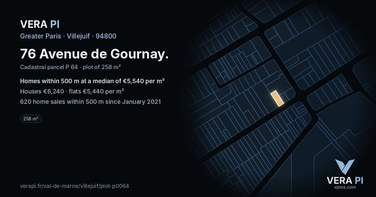 76 Avenue de Gournay, Villejuif at night – the plot lit, the parcels around coloured by the prices near them