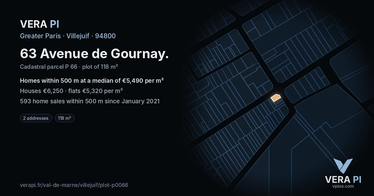 63 Avenue de Gournay, Villejuif at night – the plot lit, the parcels around coloured by the prices near them
