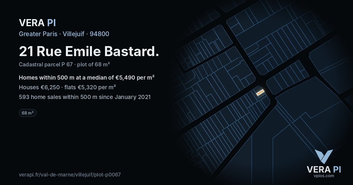 21 Rue Emile Bastard, Villejuif at night – the plot lit, the parcels around coloured by the prices near them
