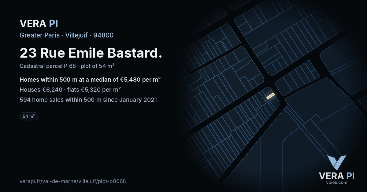 23 Rue Emile Bastard, Villejuif at night – the plot lit, the parcels around coloured by the prices near them