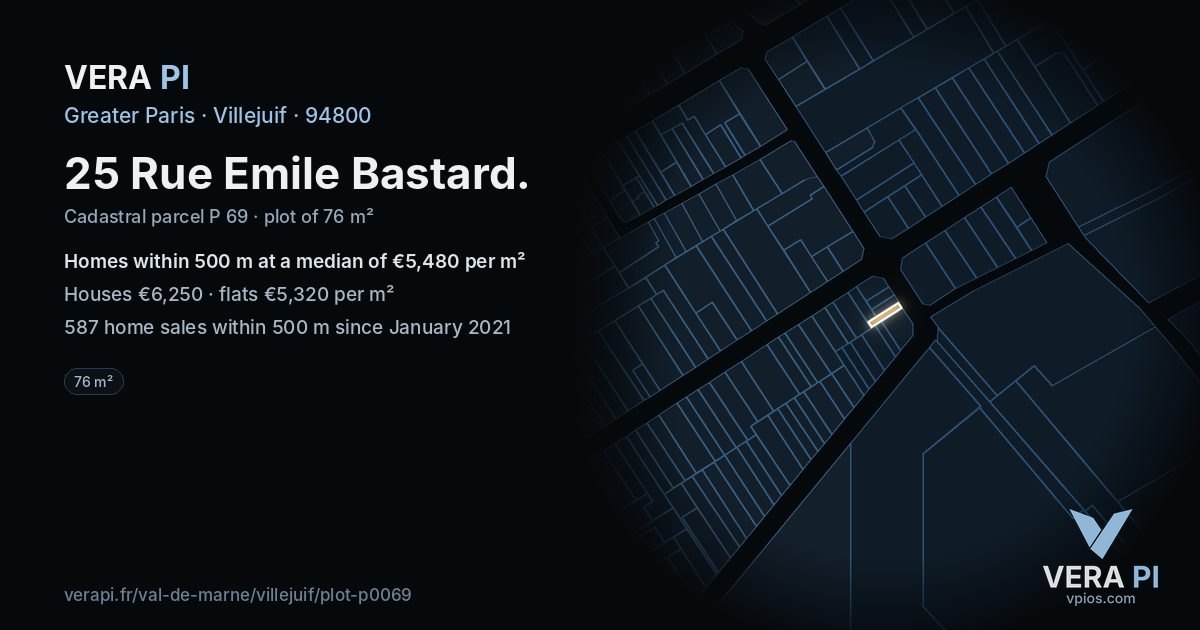 25 Rue Emile Bastard, Villejuif at night – the plot lit, the parcels around coloured by the prices near them