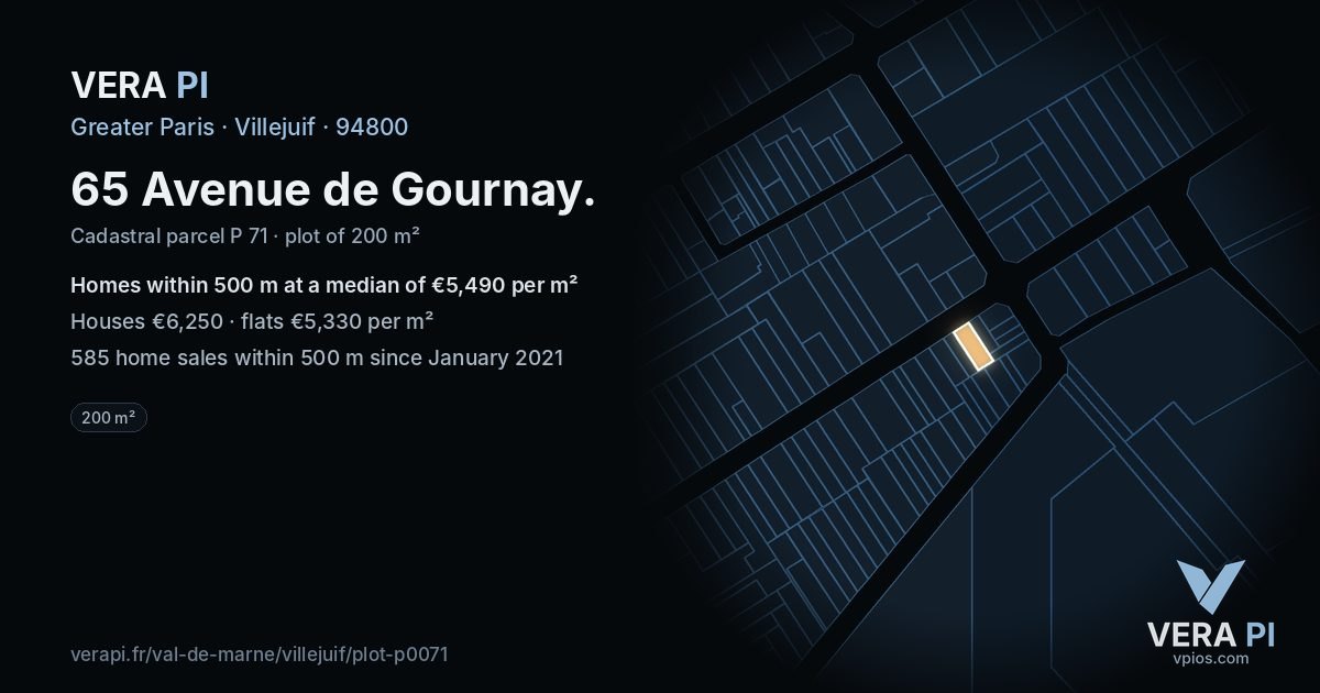 65 Avenue de Gournay, Villejuif at night – the plot lit, the parcels around coloured by the prices near them