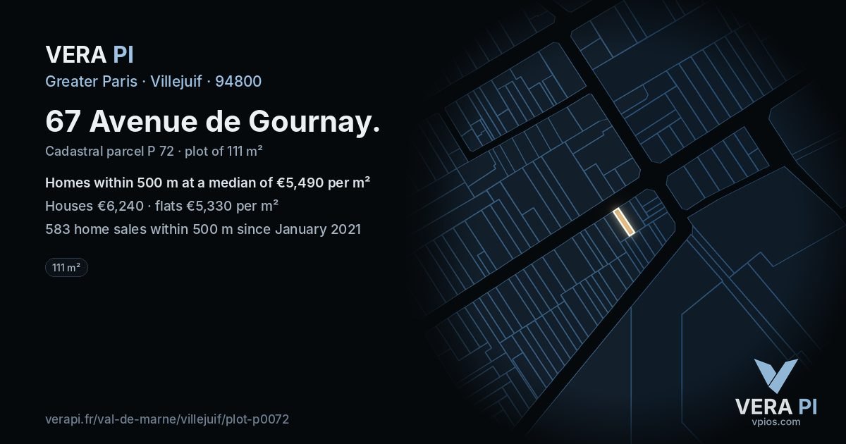 67 Avenue de Gournay, Villejuif at night – the plot lit, the parcels around coloured by the prices near them