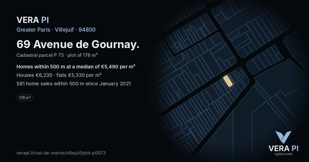 69 Avenue de Gournay, Villejuif at night – the plot lit, the parcels around coloured by the prices near them