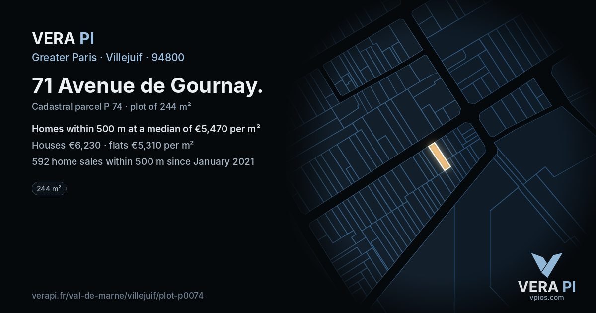 71 Avenue de Gournay, Villejuif at night – the plot lit, the parcels around coloured by the prices near them