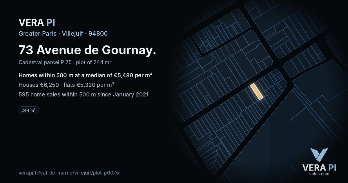 73 Avenue de Gournay, Villejuif at night – the plot lit, the parcels around coloured by the prices near them