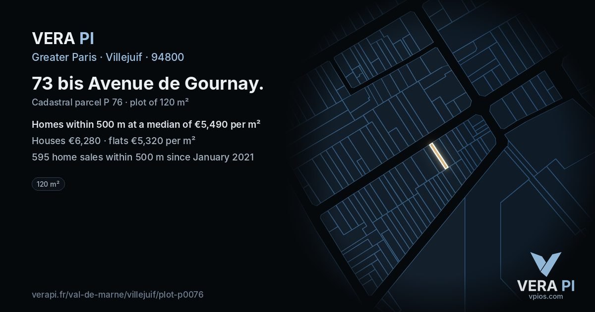 73 bis Avenue de Gournay, Villejuif at night – the plot lit, the parcels around coloured by the prices near them