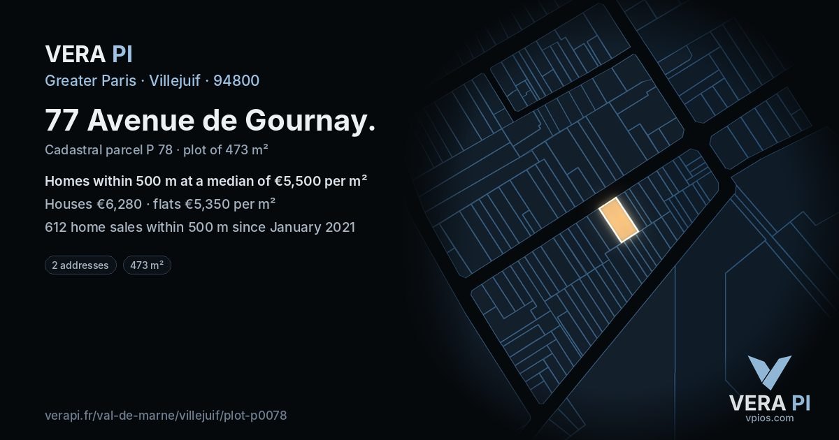 77 Avenue de Gournay, Villejuif at night – the plot lit, the parcels around coloured by the prices near them