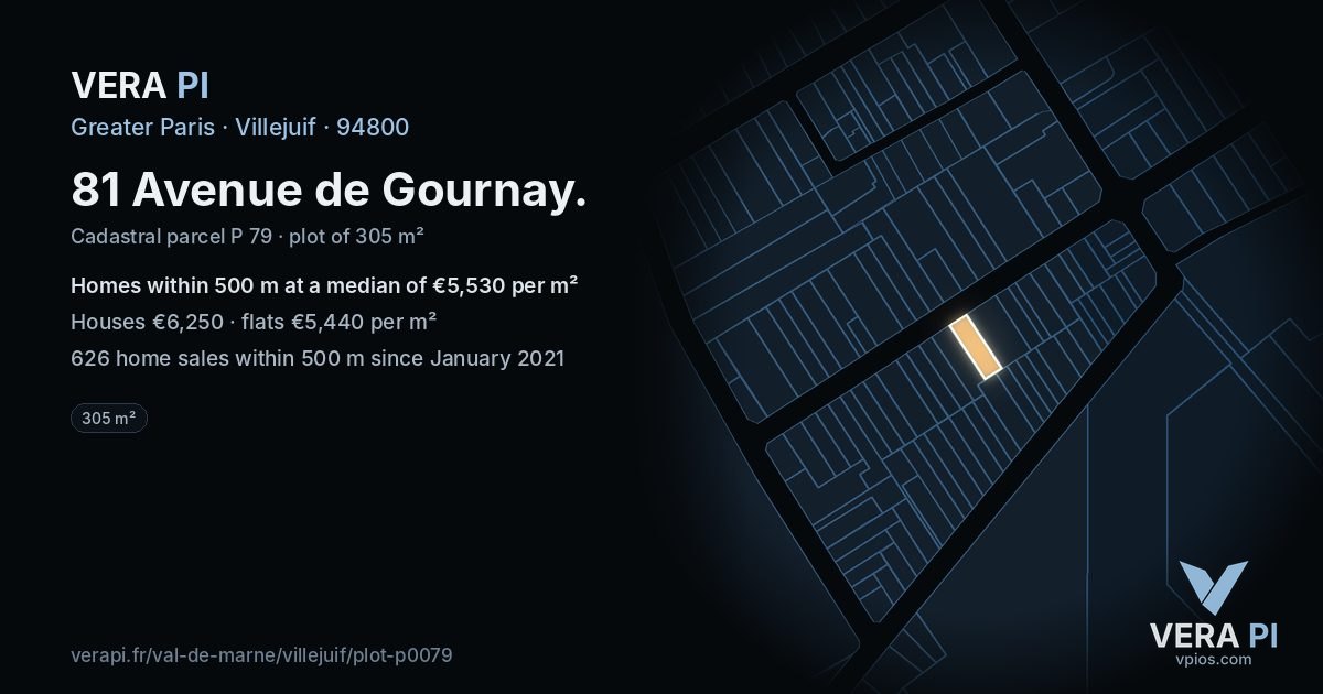 81 Avenue de Gournay, Villejuif at night – the plot lit, the parcels around coloured by the prices near them