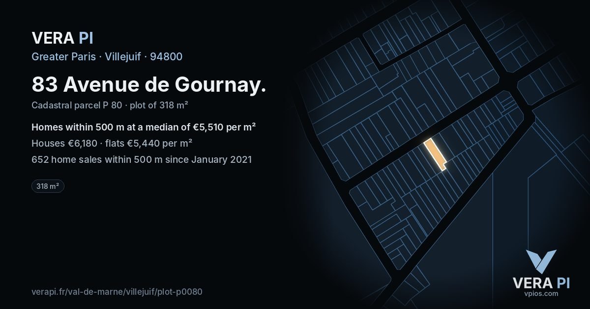 83 Avenue de Gournay, Villejuif at night – the plot lit, the parcels around coloured by the prices near them