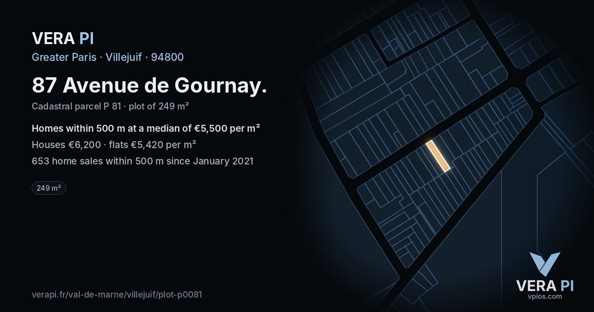 87 Avenue de Gournay, Villejuif at night – the plot lit, the parcels around coloured by the prices near them