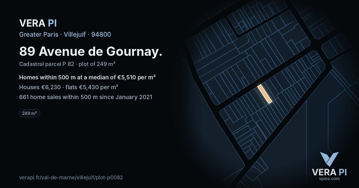 89 Avenue de Gournay, Villejuif at night – the plot lit, the parcels around coloured by the prices near them