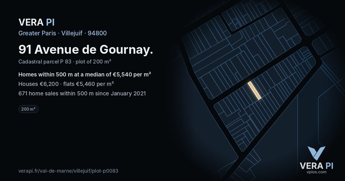 91 Avenue de Gournay, Villejuif at night – the plot lit, the parcels around coloured by the prices near them