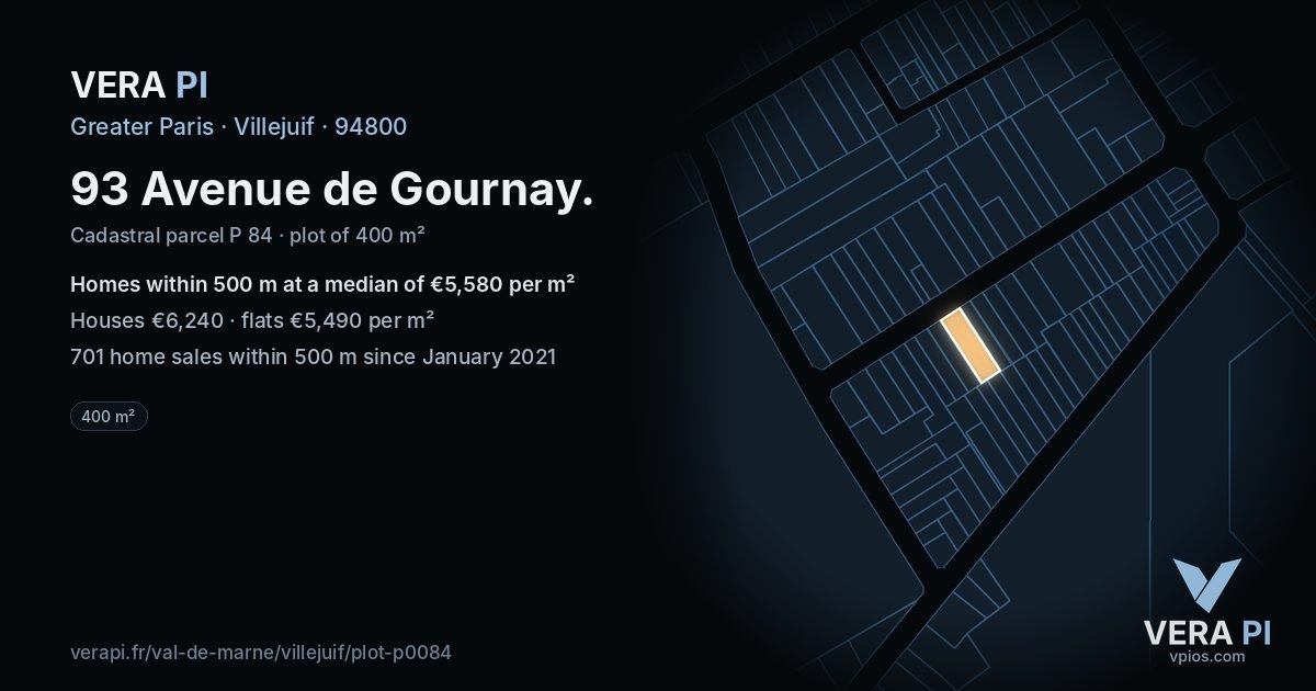 93 Avenue de Gournay, Villejuif at night – the plot lit, the parcels around coloured by the prices near them