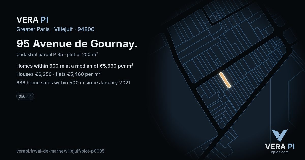 95 Avenue de Gournay, Villejuif at night – the plot lit, the parcels around coloured by the prices near them