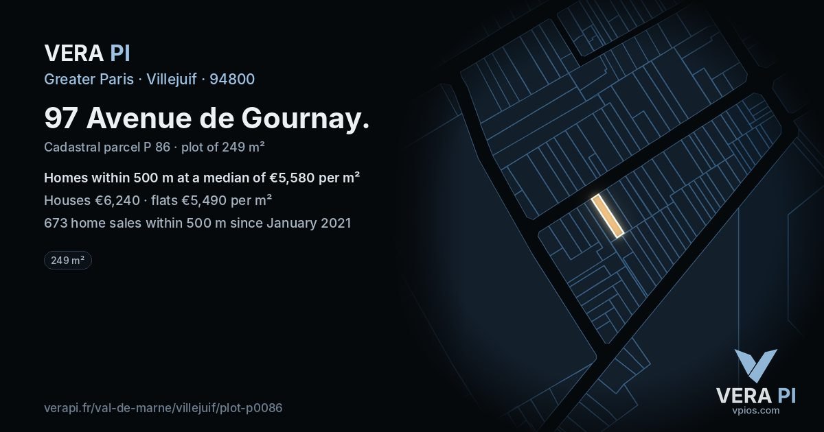 97 Avenue de Gournay, Villejuif at night – the plot lit, the parcels around coloured by the prices near them