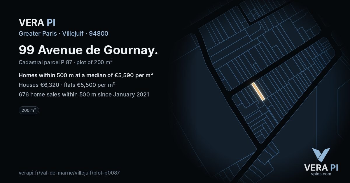 99 Avenue de Gournay, Villejuif at night – the plot lit, the parcels around coloured by the prices near them