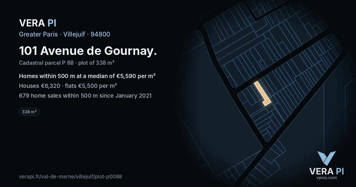 101 Avenue de Gournay, Villejuif at night – the plot lit, the parcels around coloured by the prices near them