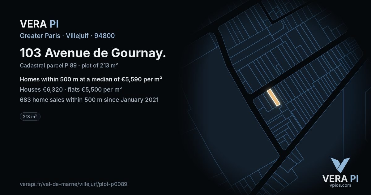 103 Avenue de Gournay, Villejuif at night – the plot lit, the parcels around coloured by the prices near them