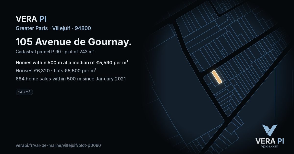 105 Avenue de Gournay, Villejuif at night – the plot lit, the parcels around coloured by the prices near them