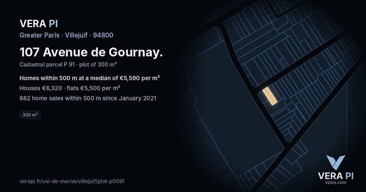 107 Avenue de Gournay, Villejuif at night – the plot lit, the parcels around coloured by the prices near them