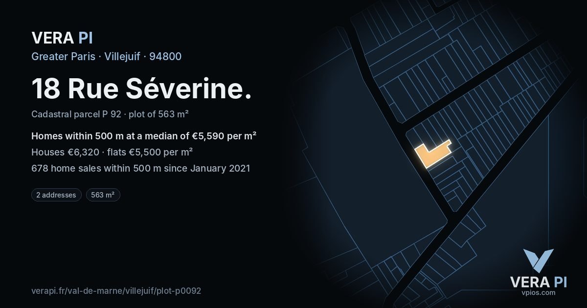 18 Rue Séverine, Villejuif at night – the plot lit, the parcels around coloured by the prices near them