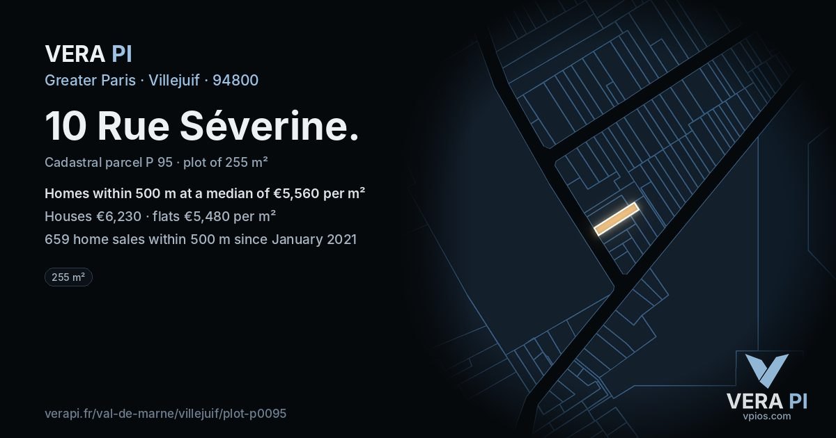 10 Rue Séverine, Villejuif at night – the plot lit, the parcels around coloured by the prices near them