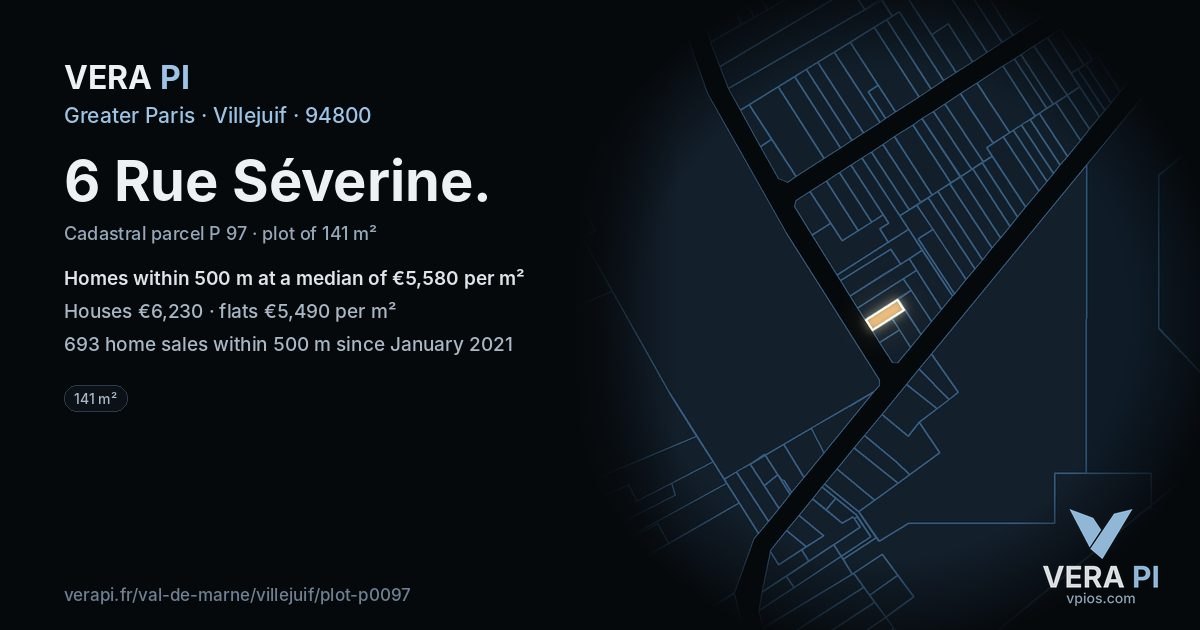 6 Rue Séverine, Villejuif at night – the plot lit, the parcels around coloured by the prices near them