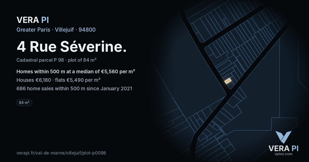 4 Rue Séverine, Villejuif at night – the plot lit, the parcels around coloured by the prices near them