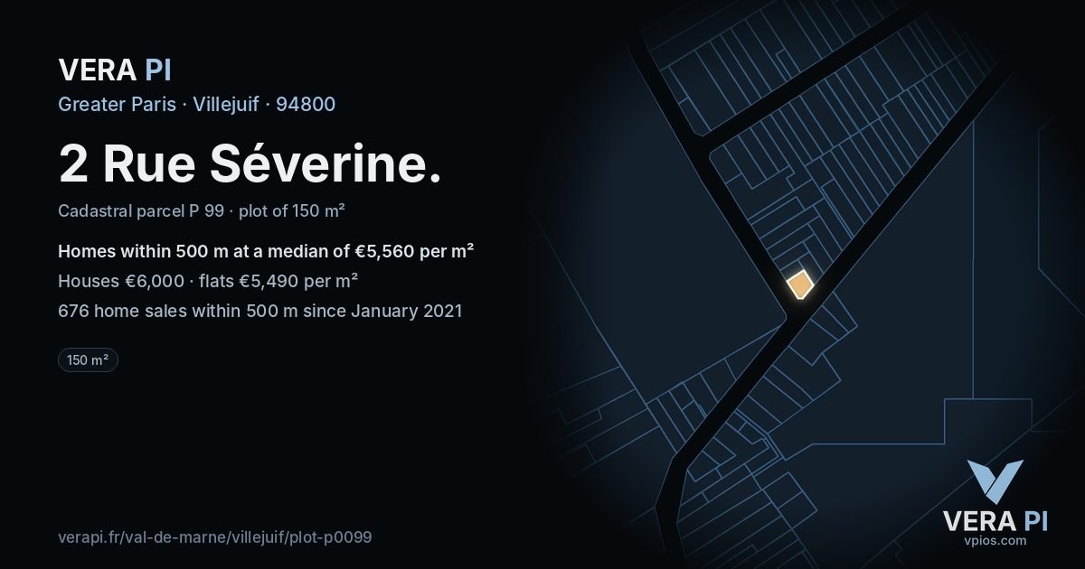2 Rue Séverine, Villejuif at night – the plot lit, the parcels around coloured by the prices near them