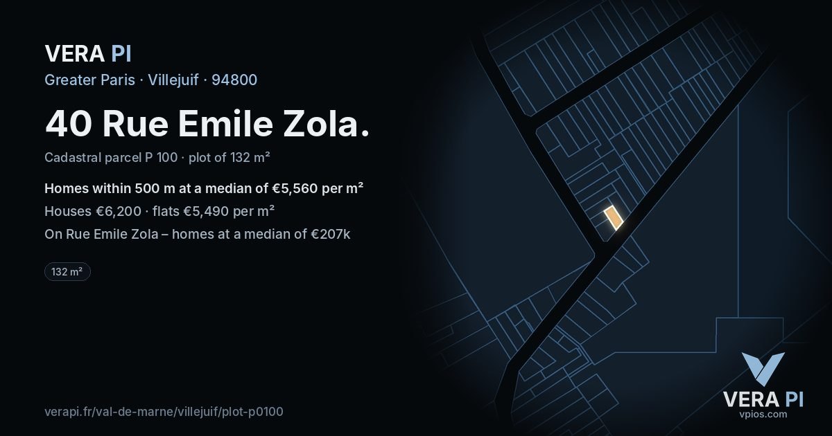 40 Rue Emile Zola, Villejuif at night – the plot lit, the parcels around coloured by the prices near them