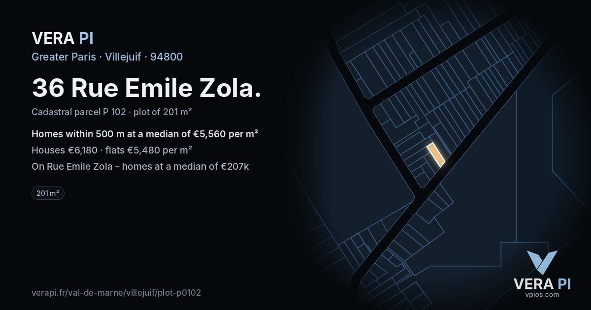 36 Rue Emile Zola, Villejuif at night – the plot lit, the parcels around coloured by the prices near them