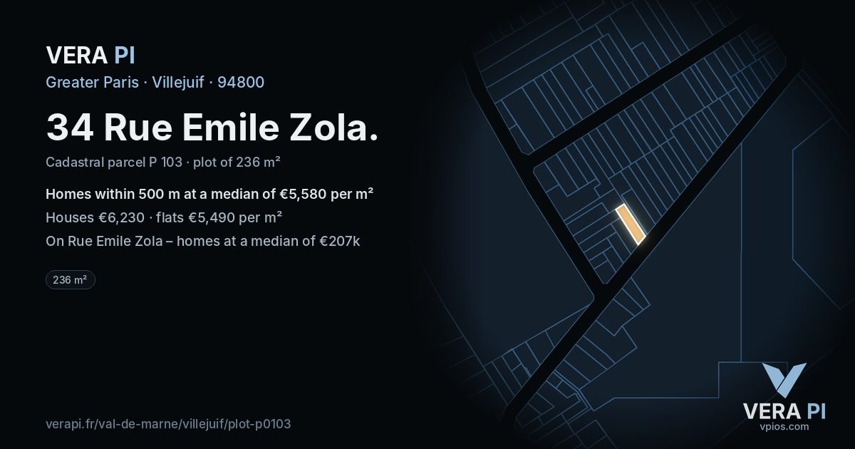 34 Rue Emile Zola, Villejuif at night – the plot lit, the parcels around coloured by the prices near them