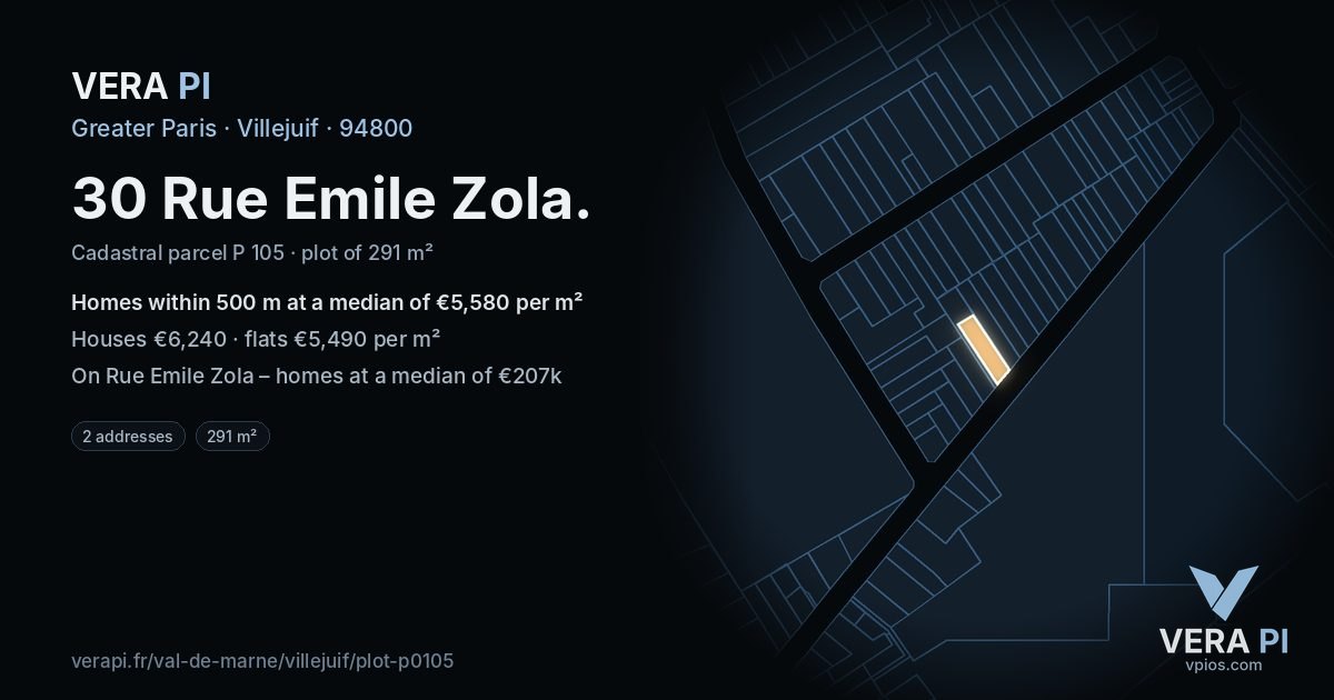 30 Rue Emile Zola, Villejuif at night – the plot lit, the parcels around coloured by the prices near them