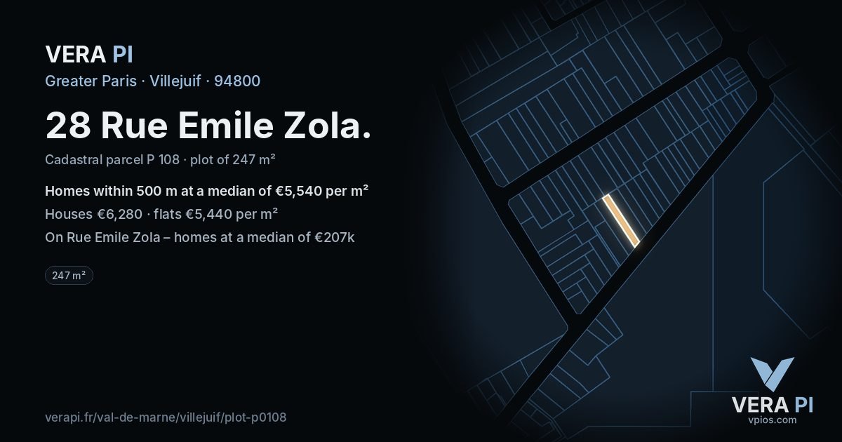 28 Rue Emile Zola, Villejuif at night – the plot lit, the parcels around coloured by the prices near them