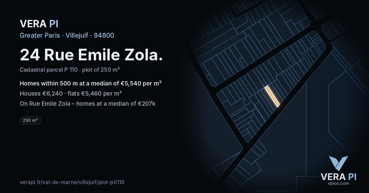 24 Rue Emile Zola, Villejuif at night – the plot lit, the parcels around coloured by the prices near them