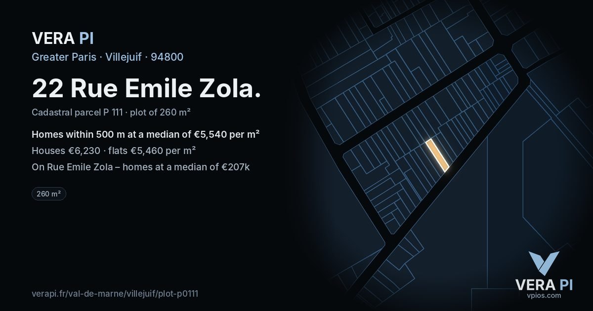 22 Rue Emile Zola, Villejuif at night – the plot lit, the parcels around coloured by the prices near them