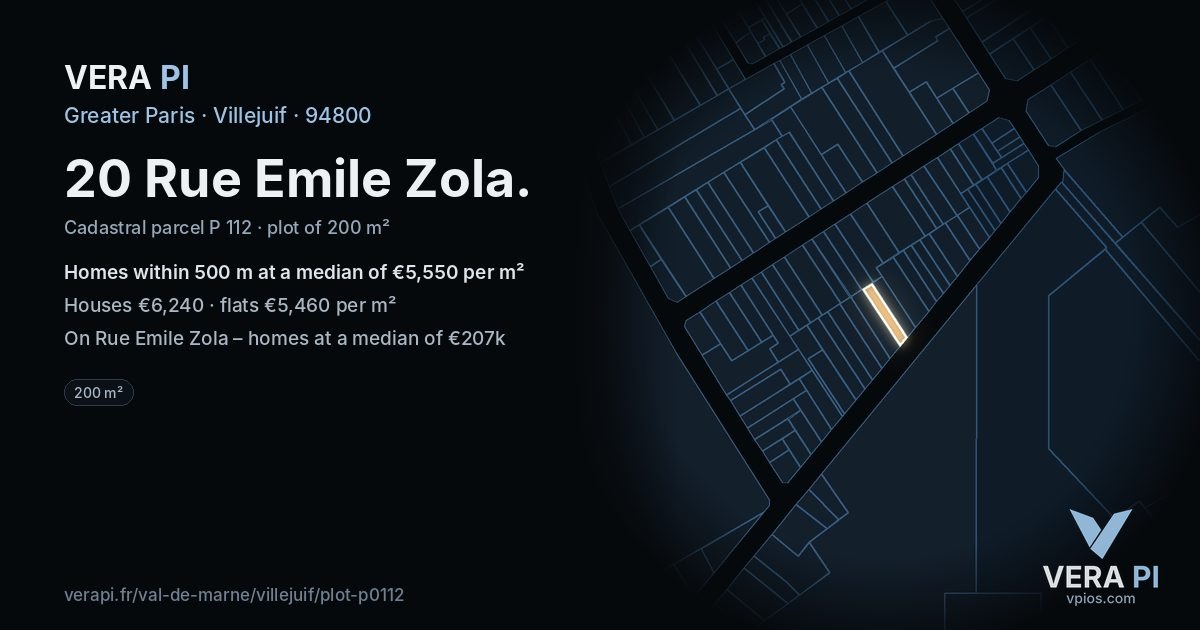 20 Rue Emile Zola, Villejuif at night – the plot lit, the parcels around coloured by the prices near them