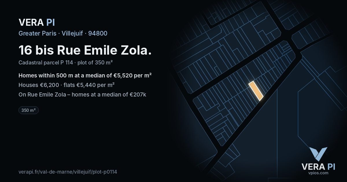 16 bis Rue Emile Zola, Villejuif at night – the plot lit, the parcels around coloured by the prices near them